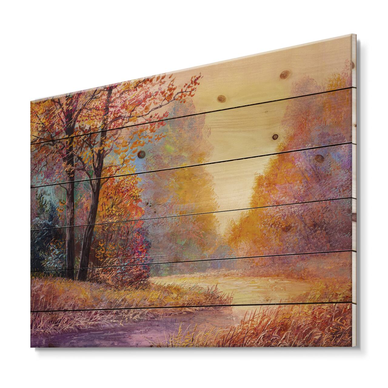 Designart - Path In The Autumn Forest Orange Leaves Landscape - Lake House Print on Natural Pine Wood